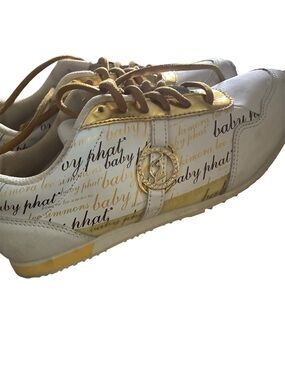 Baby Phat White and Gold Script Runner Sneakers Y2K